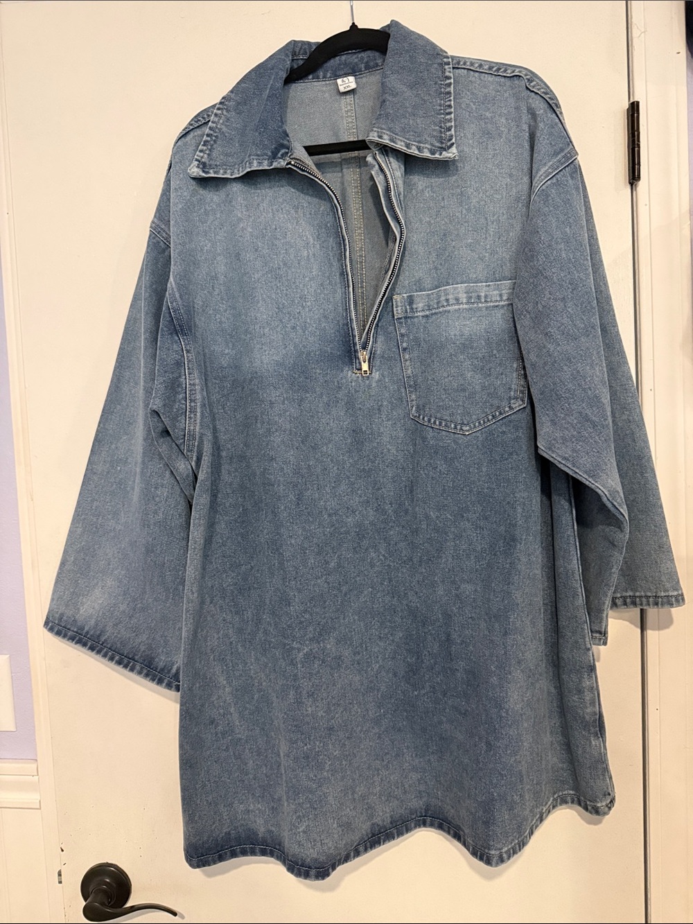 TikTok trend- Denim Half-Zip Tunic Mini Dress - Light Blue